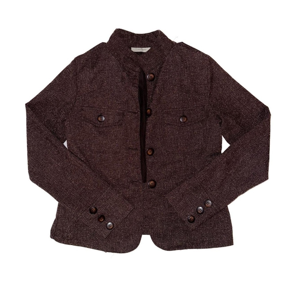 Brown tweed blazer with button-up front and button pockets.
